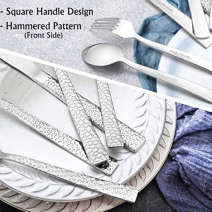 E-far Hammered Silverware Set for 8, Cutlery Set for Home, Mirror Polished & - Image 4
