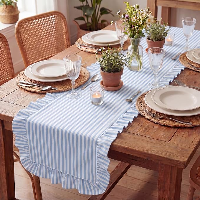 HunnmingRe Ruffle Trim Boho Table Runner Farmhouse Rustic Stripes Scalloped - Image 9