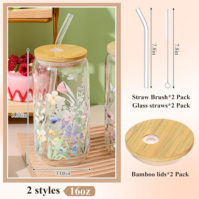 Mumufy 2 Pack Wildflower Glass Cups Gift Aesthetic Cute Glass Cup Tumbler - Image 2