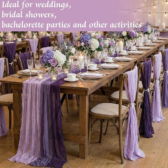12 Pcs Gradient Purple Cheesecloth Gauze Table Runners | Boho Wedding Decor - Image 3