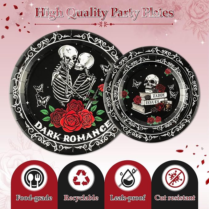 96Pcs Dark Romance Book Lover Skull Rose Black Gothic Party Plates Supplies - Image 3