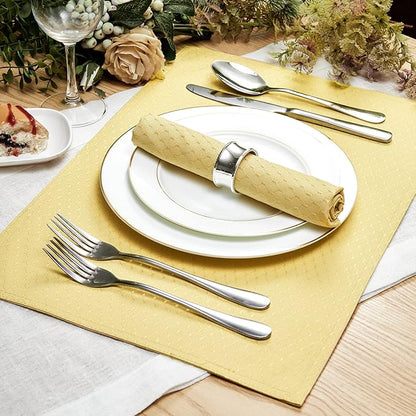 Place Mats Set of 8 – Rectangle Rectangular Waterproof Fabric Polyester Cloth Washable Wipeable Heat Resistant Placemats for Kitchen Dining Dinner Table Indoor 13 x 19 Inch Gold