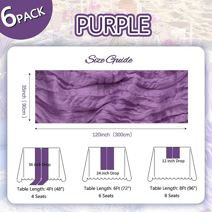 6 Pack Purple Cheesecloth Table Runner 35 x 120 Inch | Boho Gauze Cheese Cloth - Image 2