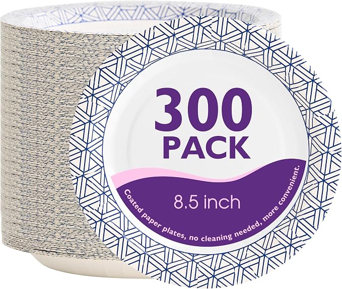Disposable Paper Plates 8.5 Inch 300 Count | Soak Proof and Cut Resistant Heavy by PACKINNO