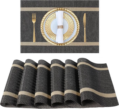 FAVE Placemats Set of 6 Brown Placemat Woven with Golden Thread Durable and Wipeable Vinyl Placemats Heat Resistant Table Mats Set of 6 High Texture Place Mats for Kitchen Table (Brown)