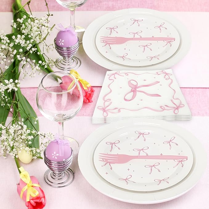 100 Pcs Pink Ribbon Bow Party Supplies Set, Serves 25 – Disposable Paper Plates - Image 5