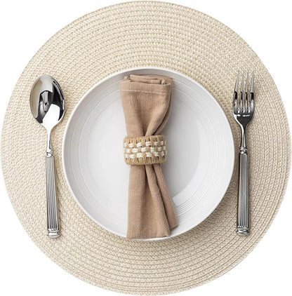 Round Placemats Set of 6 Plastic Woven Placemats Washable Wipeable Table Mats for Dining Table Heat Resistant Non-Slip Circle Place Mats (Beige)