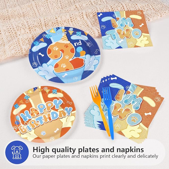 Grencian 96 Pcs Blue Cartoon Dog 2nd Birthday Decorations, Serves 24 | I'm Two - Image 4