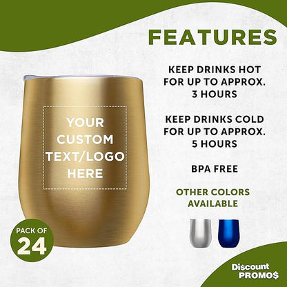 Custom Stemless Wine Glass Tumblers with Lids by Largo 11 oz. Set of 24, Personalized Bulk Pack - Perfect for Wine, Cocktails, Other Hot & Cold Beverages - Gold