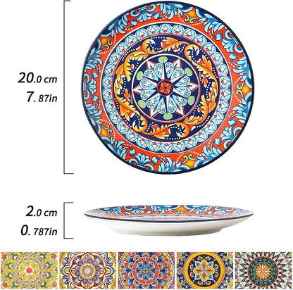 6-piece Bohemian plates, 8-inch main course plates, suitable for serving beef, lamb chops, turkey, and various main dishes; safe for microwave, oven, and dishwasher use