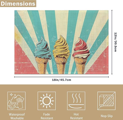 Vintage Ice Cream 12x18 Inch Placemats Set of 6 - Waterproof, Non-Slip & Washable Table Mats for Kitchen & Dining Table Placemats