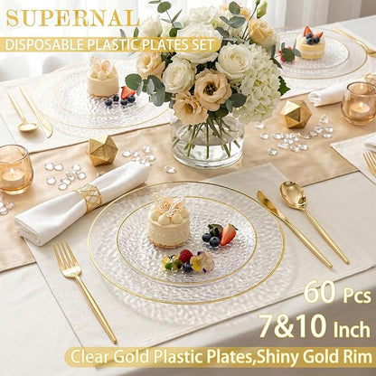 Rubtlamp 60Pcs Clear Plastic Plates, Heavy-duty Gold Plates, Hammered Party - Image 3