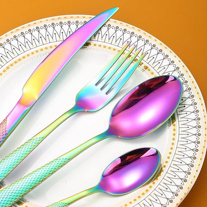Hammered Silverware Rainbow Stainless Steel Flatware Set - Image 4