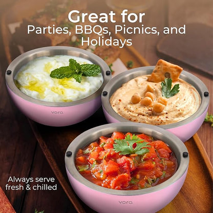 Vora 35oz Stainless Steel Chilled Serving Bowl - 1 Pack Insulated Serving Bowl with Anti Slip Base, Funnel & Plugs to Keep Dips, Salads & Appetizers Cold - Ice Bowls to Keep Food Cold for Parties