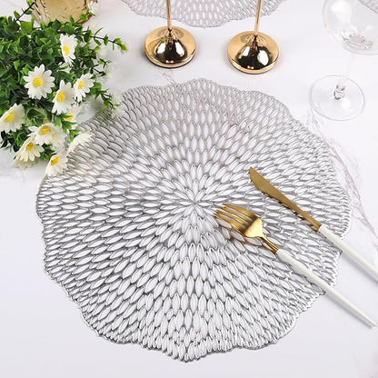 Round Placemats Set of 6, Hollow Out Table Mats Washable Wipeable Vinyl Place Mats for Wedding Party Kitchen Decorations