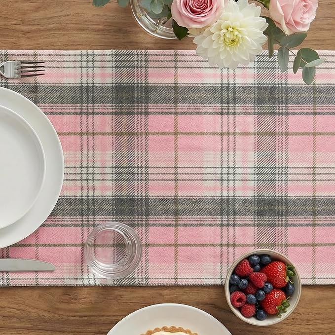 Artoid Mode Pink Grey Farmhouse Plaid Spring Table Runner, Winter Rustic - Image 4