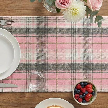 Artoid Mode Pink Grey Farmhouse Plaid Spring Table Runner, Winter Rustic - Image 4