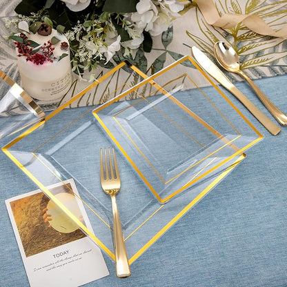 DaYammi 175 PCS Clear Gold Plastic Plates,Gold Plastic Dinnerware Sets,Includes: 25 Dinner Plates,25 Salad Plates,25 Pre Rolled Napkins with silverware,25 Cups 9 OZ, Perfect for Wedding and Party