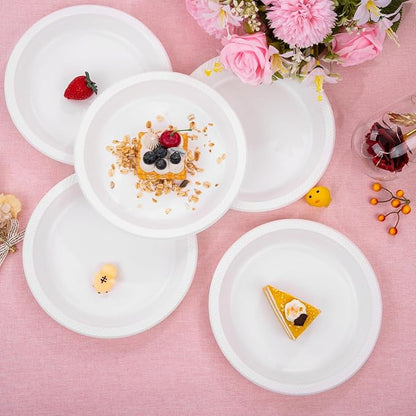 WELLIFE White Plastic Plates 9 Inch -150 Count for Party, Disposable Plastic Party Plates for Wedding Dinner Birthday Engagement