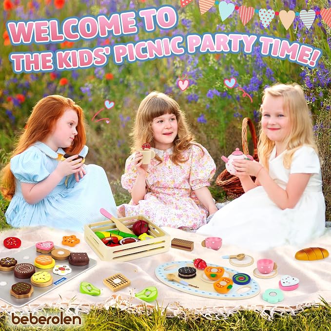 Wooden Tea Set for Little Girls Birthday Gift 3 4 5 Year Old Princess Toys | - Image 7