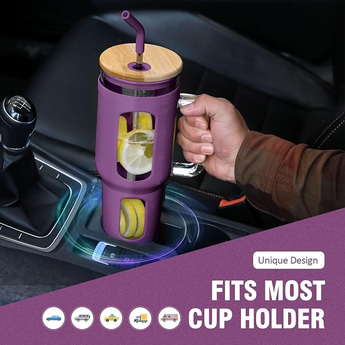 WINSA Glass Tumbler with Lid and Straw, 46 oz, Dark Purple | Iced Coffee Cup - Image 5