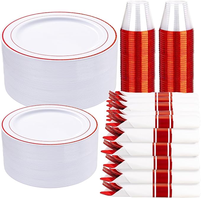 WELLIFE 350-Piece Red Plastic Party Dishware Set by WELLIFE