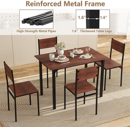 COSTWAY Dining Table Set for 4, Rectangular Kitchen Table and Chairs Set with Backrest, Metal Frame, Space-Saving Dinette Set, Breakfast Nook Table Set for Small Space, Apartment, Dorm (Walnut)