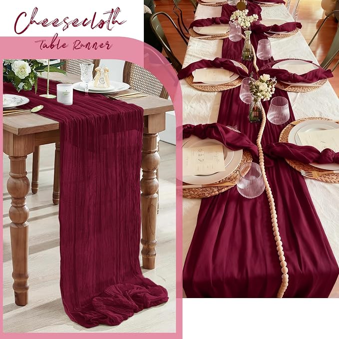 3 Pack Burgundy Cheesecloth Table Runner, 17 x 108 Inch, Gauze Cheese Cloth - Image 7