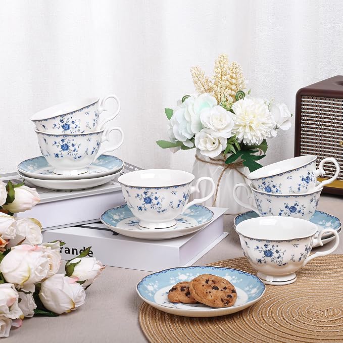 fanquare Blue Rose Porcelain Tea Cup and Saucer Set - Image 5