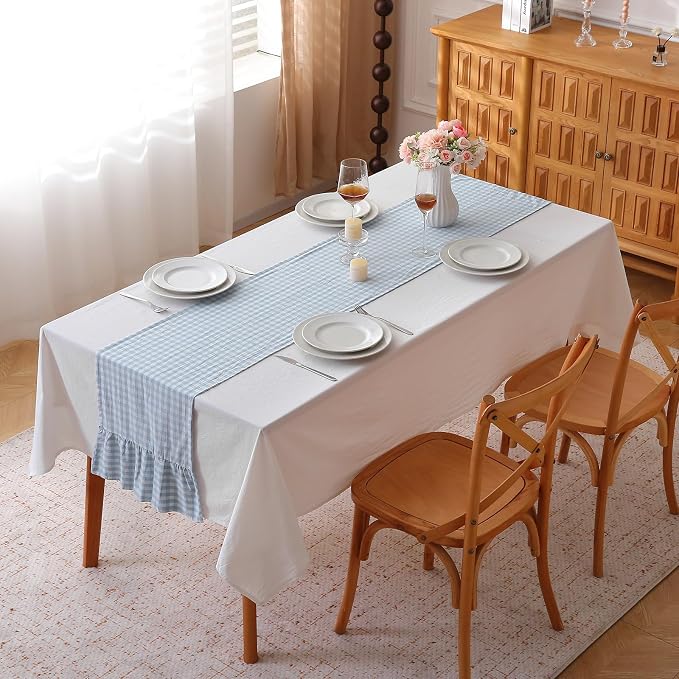 Light Blue White Plaid Gingham Ruffle Table Runner 120 inches Long 100% Washed - Image 2