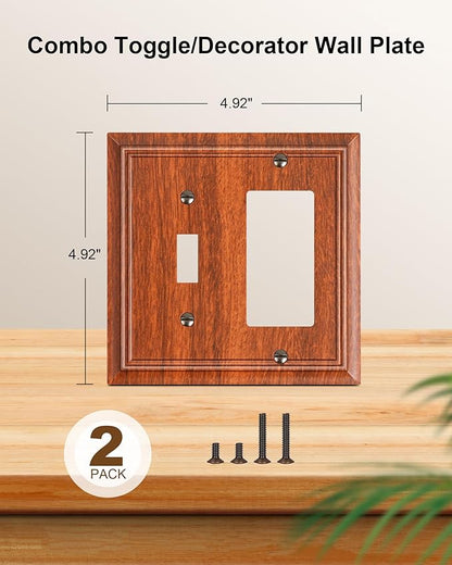 2-Pack Combo Toggle/Decorator Light Switch Cover Plate, Wood Grain Decorative Electrical Outlet Covers, Durable Natural Bamboo Fiber Switch Plates and Outlet Covers, Corrosion Resistant