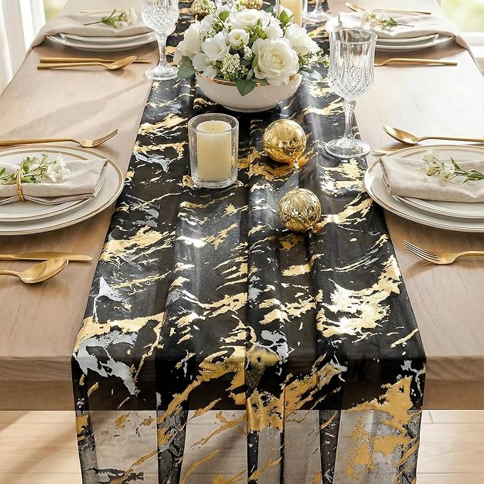 Artoid Mode Marble Pattern Black Gauze Table Runner 10FT, Glitter Metallic Foil - Image 6
