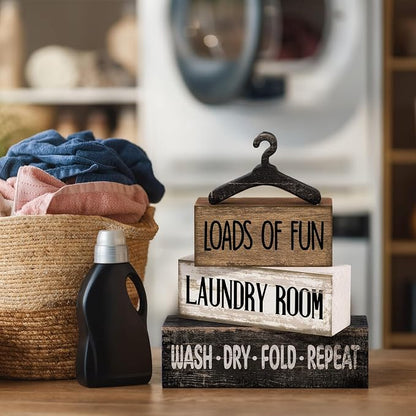 Moucuny 4 Pcs Farmhouse Laundry Room Decor and Accessories Stacked Blocks Loads - Image 7
