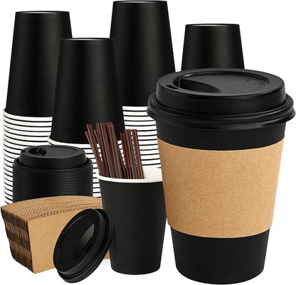 12 oz 50 Pack Black Disposable Paper Coffee Cups by PACKINNO