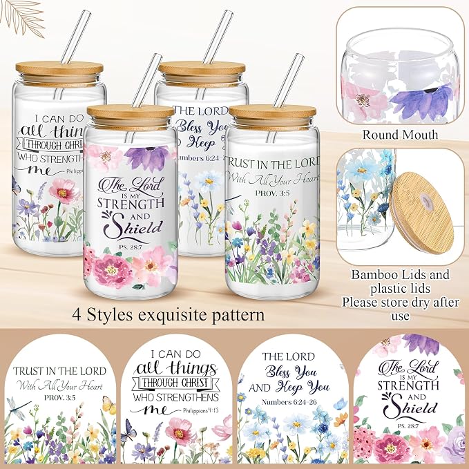 Mumufy 4 Pack Wildflower Glass Cups Gift Aesthetic Cute Glass Cup Tumbler - Image 3
