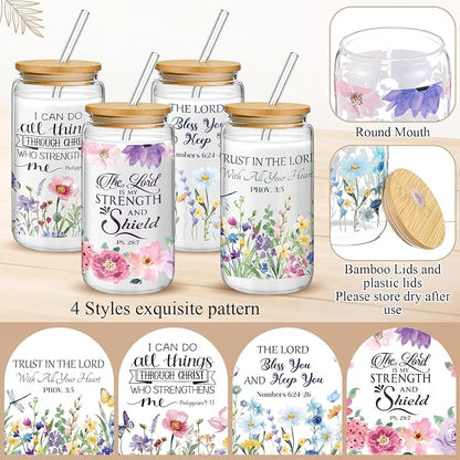 Mumufy 4 Pack Wildflower Glass Cups Gift Aesthetic Cute Glass Cup Tumbler - Image 3