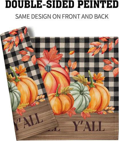 Giwawa Happy Fall Y'all Placemats Set of 4 Colorful Autumn Thanksgiving Pumpkins Leaves Decorative Linen Table Mat 12x18in Black Buffalo Plaids Non Slip Place Mat for Kitchen Dining Party Holiday