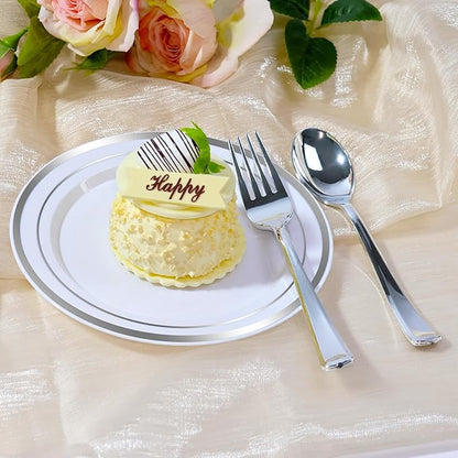 100 PCS Silver Plastic Plates, Silver Plastic Disposable Plates Include 50 Dinner Plate and 50 Dessert Plate Perfect for Holiday, Birthday, Wedding & Party