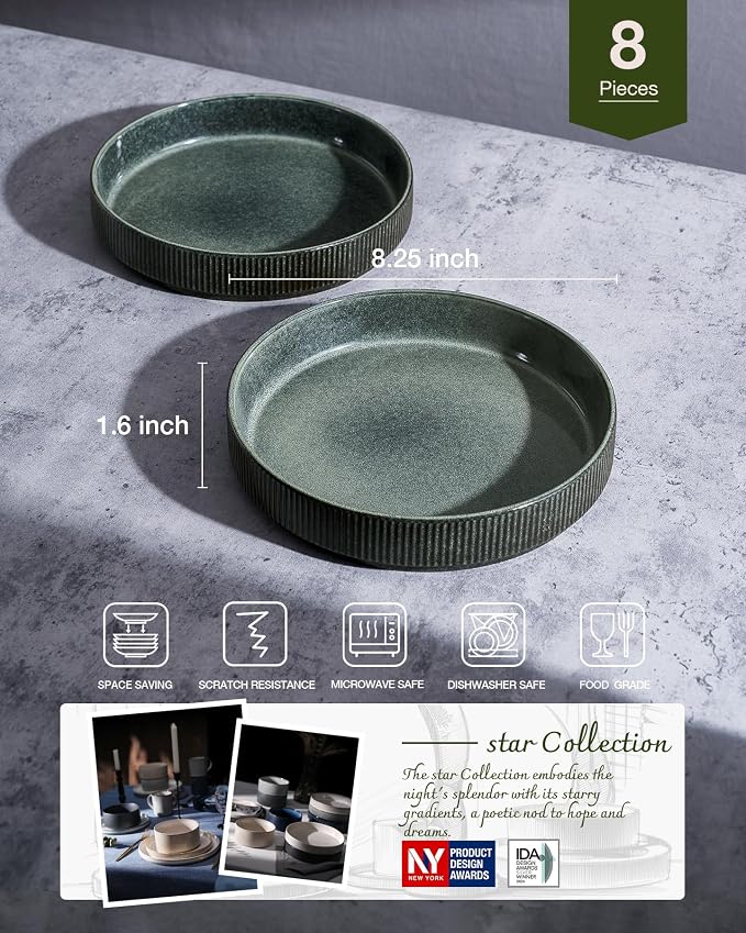 famiware Star 8.25" Pasta Bowls Set of 8, Bowl Plates, Deep Forest | Microwave - Image 2