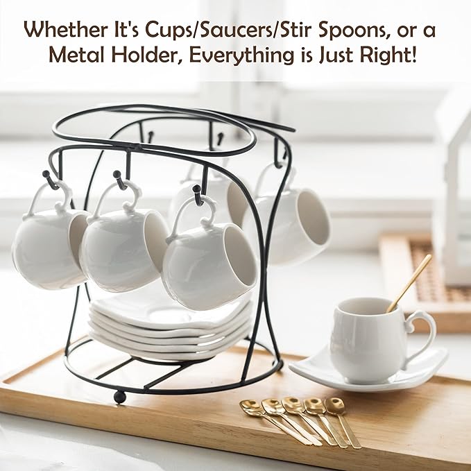 LYEOBOH Espresso Cups with Saucers Set, Porcelain Coffee Cups and Metal Stand - Image 4