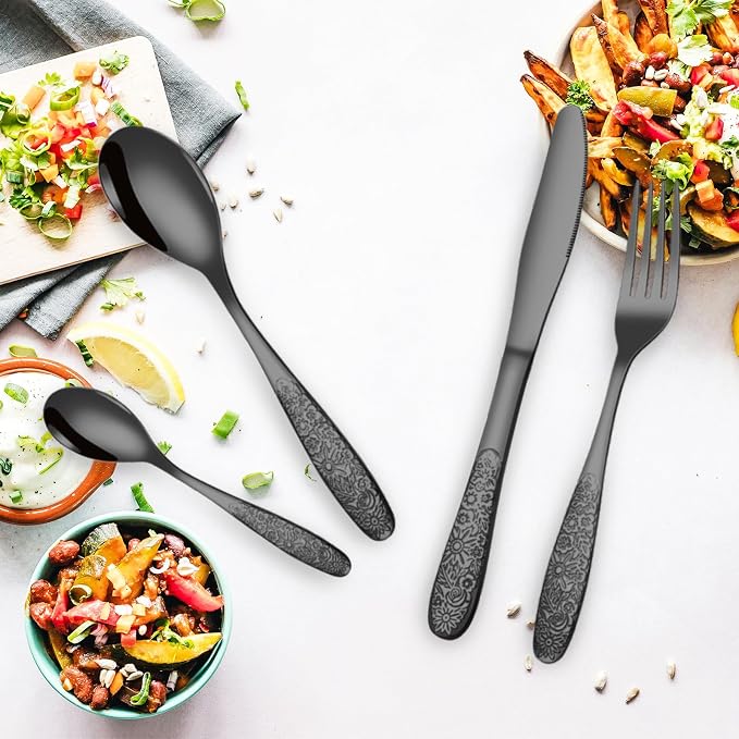 Black Rose Floral Embossed Silverware Set, Mirror Polished Unique Pattern - Image 9