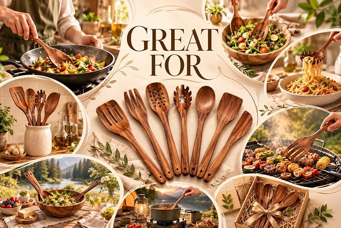 6 Inch Acacia Wood Salad Server Set Wooden Mixing Tongs Dinner Fork & Spoon - Image 8