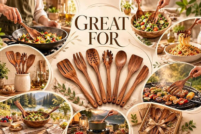 6 Inch Acacia Wood Salad Server Set Wooden Mixing Tongs Dinner Fork & Spoon - Image 8