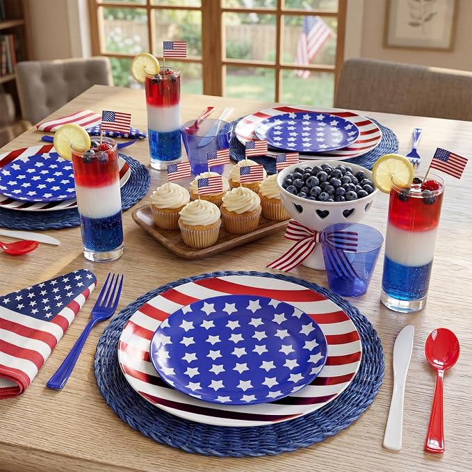KIRE 150PCS 4th of July Plates & Red White Blue Disposable Plastic Silverware - Image 3