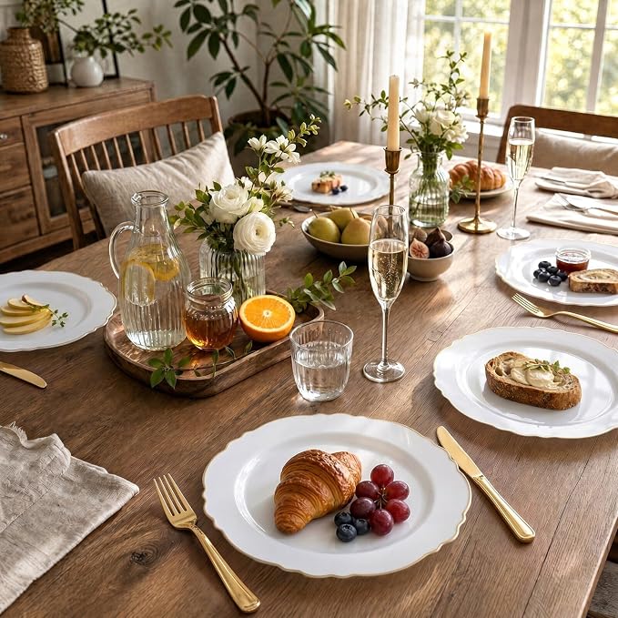 60pcs Gold Plastic Dinner Plates -10.25inch Baroque White and Gold Plates Fancy - Image 3