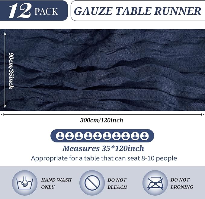 YMHPRIDE 12 Pack Cheesecloth Table Runner 35x120in Navy Blue Table Runner | - Image 2