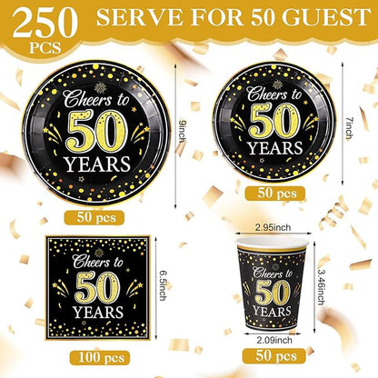 Pickmesh 250 Pcs 50th Birthday Disposable Tableware Set Black and Gold Cheers to 50 Years Disposable Paper Plates Napkins and Cups for 50th Birthday Wedding Anniversary Supplies Decorations