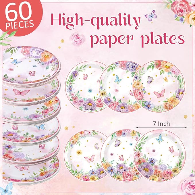 Gerrii 60 Pcs Butterfly Floral Party Plates 7 Inch Spring Butterfly Disposable - Image 2