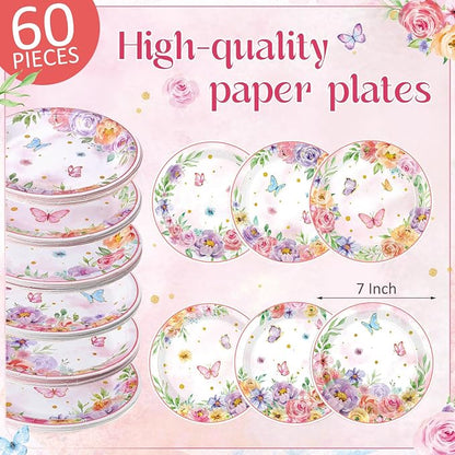 Gerrii 60 Pcs Butterfly Floral Party Plates 7 Inch Spring Butterfly Disposable - Image 2