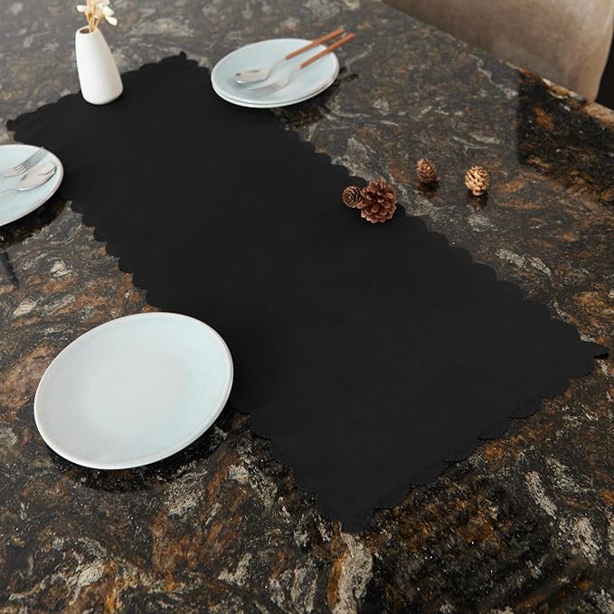 Small Solid Black Farmhouse Scalloped Table Runner 13 x 36 Inchs | Washable - Image 4